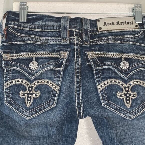 Rock Revival Sasha P31 Bootcut Jeans Womens 29 Dark Wash Distressed Denim Embroi - Picture 13 of 15